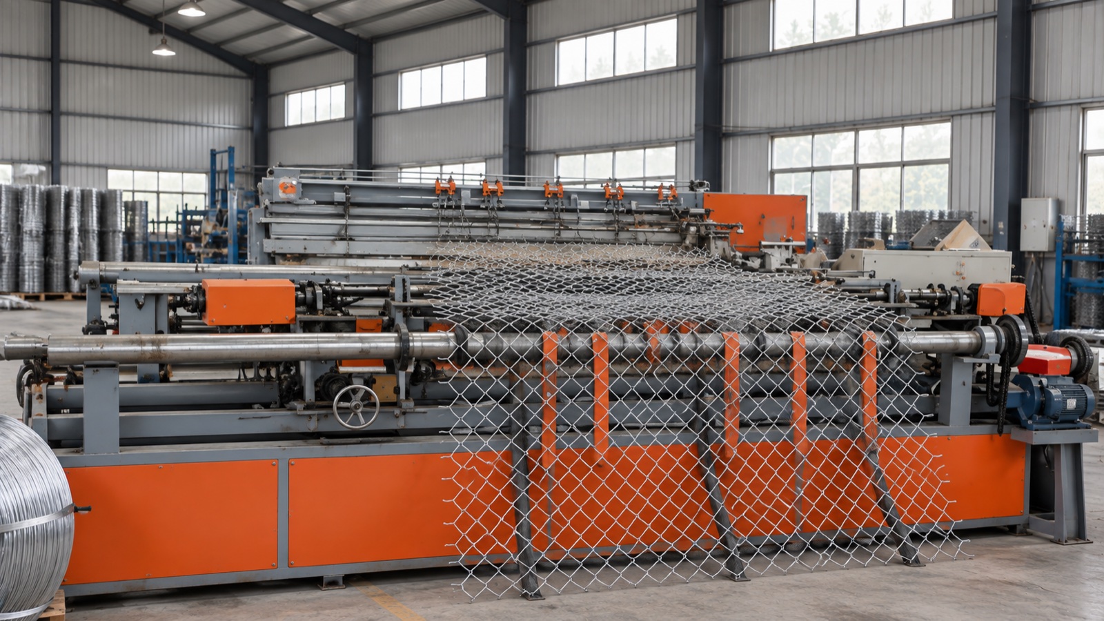 Illustrative view of orange chain link mesh forming machinery