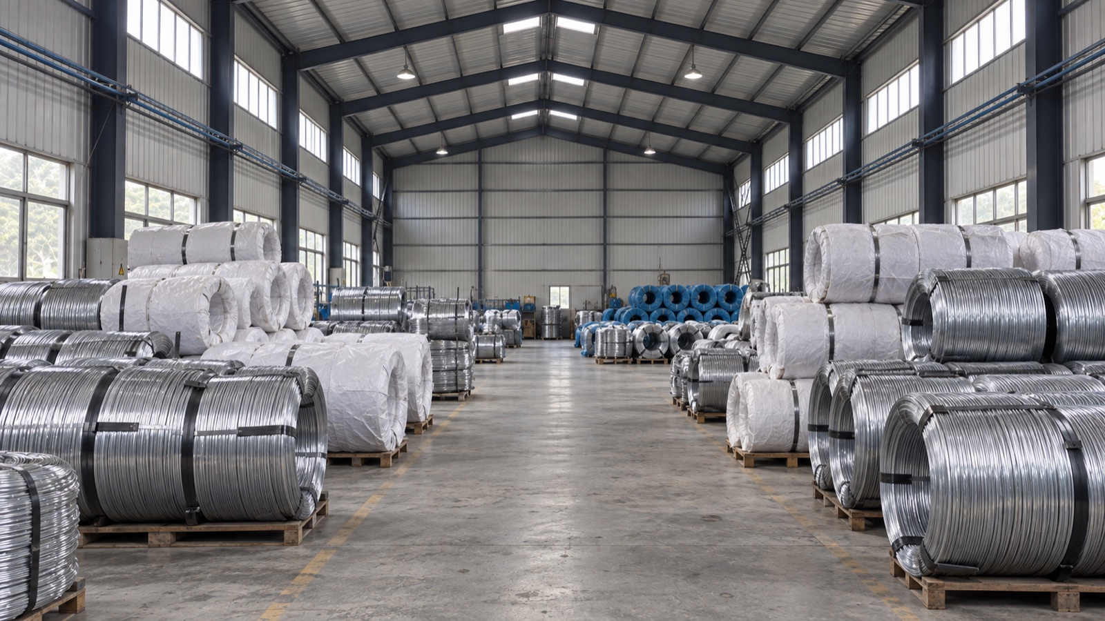 Illustrative view of strapped and wrapped wire coils in a gabled warehouse