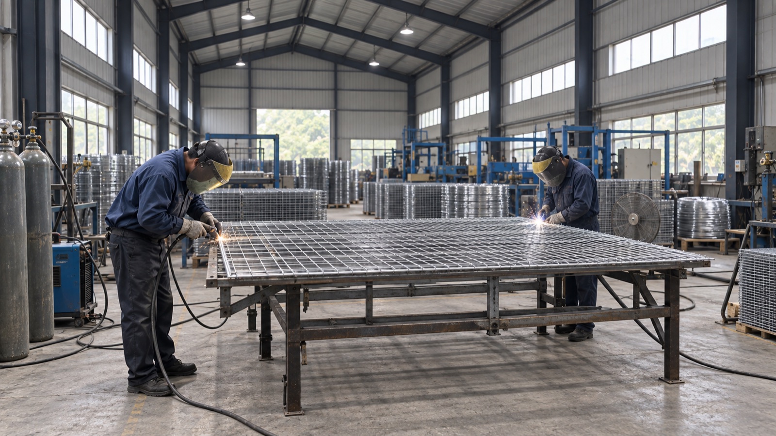 Illustrative view of workers finishing a welded mesh panel