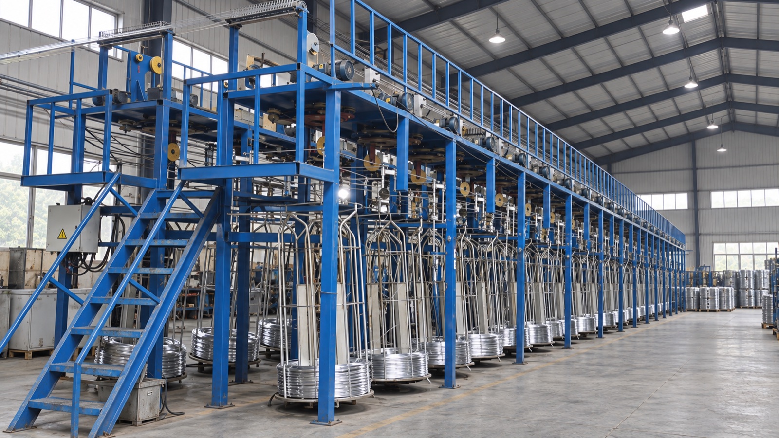 Illustrative view of wire processing and coiling equipment in a gabled factory hall